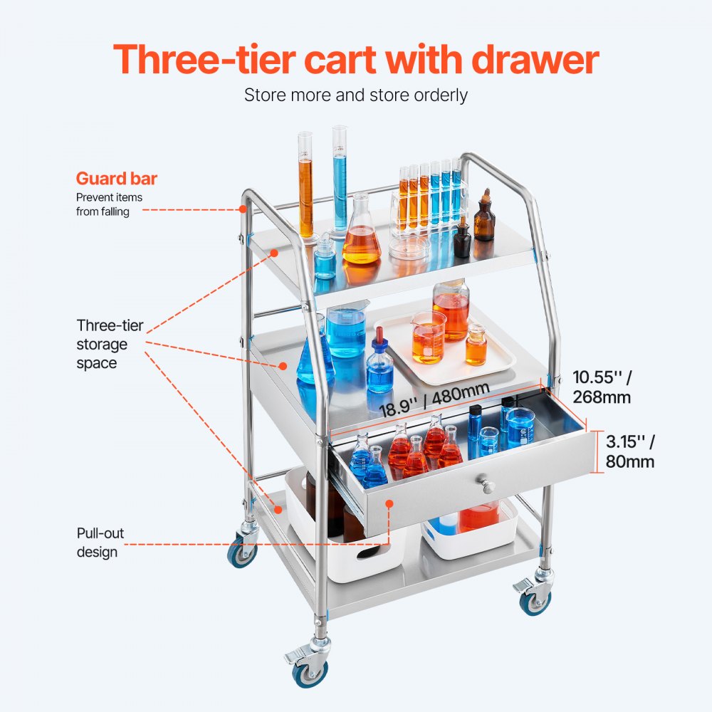 K-SUS1002 - 3-Tier Stainless Steel Utility Cart with Lockable Wheels