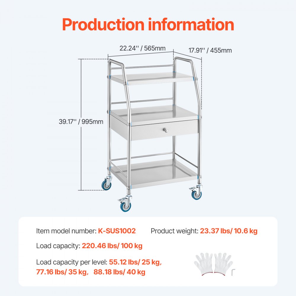 K-SUS1002 - 3-Tier Stainless Steel Utility Cart with Lockable Wheels