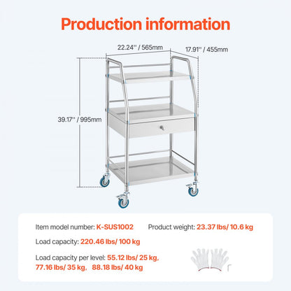 K-SUS1002 - 3-Tier Stainless Steel Utility Cart with Lockable Wheels