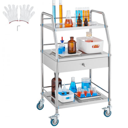 K-SUS1002 - 3-Tier Stainless Steel Utility Cart with Lockable Wheels