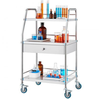 K-SUS1002 - 3-Tier Stainless Steel Utility Cart with Lockable Wheels