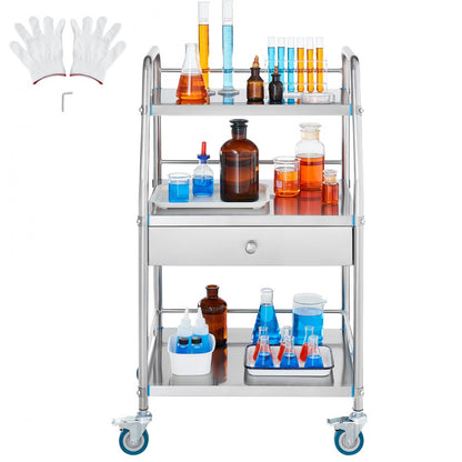 K-SUS1002 - 3-Tier Stainless Steel Utility Cart with Lockable Wheels