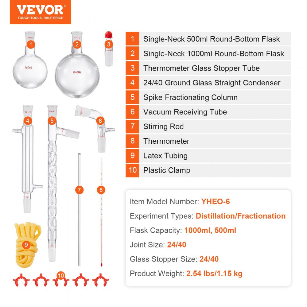 YHEO-6 - Durable 1000mL & 500mL Borosilicate Glass Distillation Kit