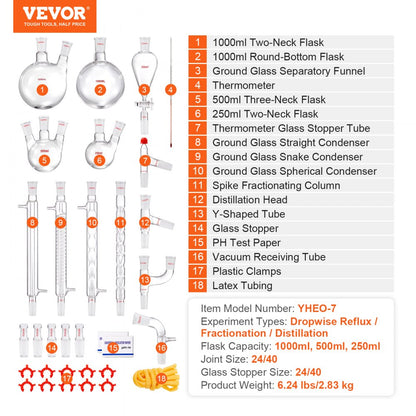 YHEO-7 - 32-Piece Borosilicate Glass Distillation Kit for Labs