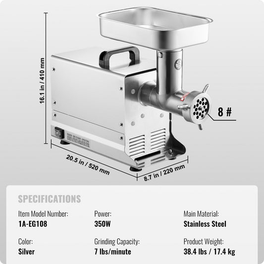 1A-EG108 - 350W Stainless Steel Meat Grinder, 7 lbs/min, Sausage Maker