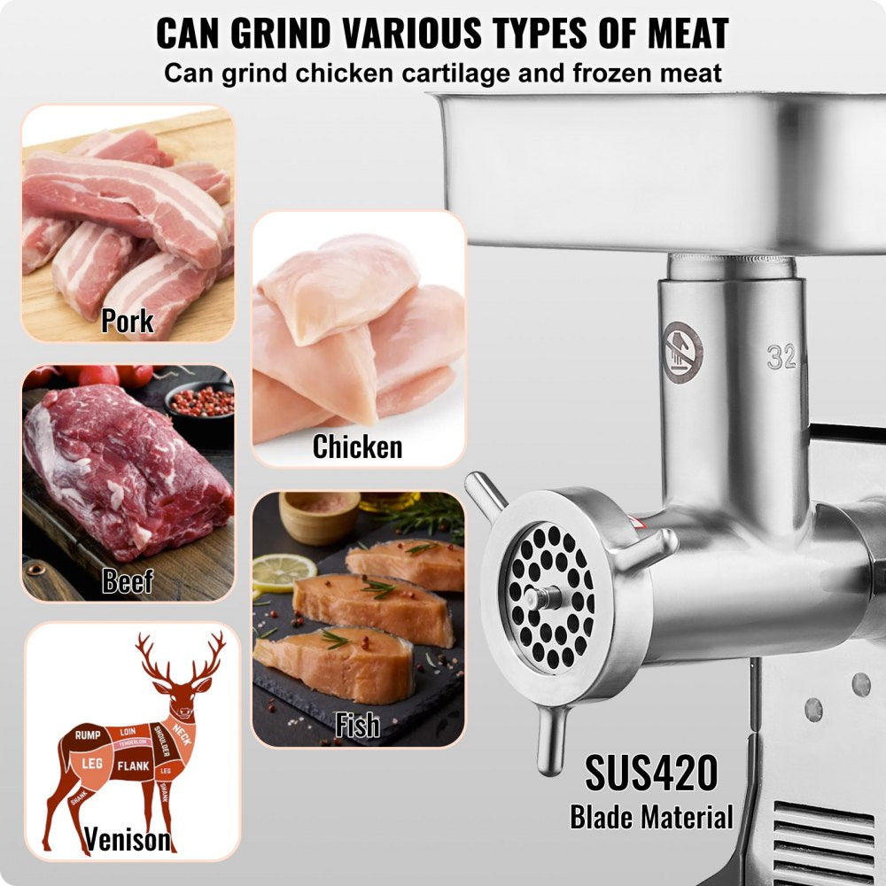 1A-EG132 - 1100W Stainless Steel Meat Grinder, 21 lbs/min, Sausage Maker