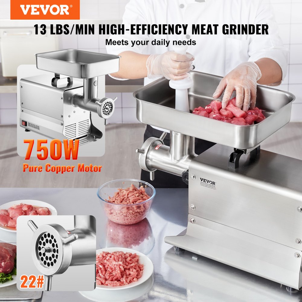 1A-EG122 - Stainless Steel 750W Meat Grinder, 13 lbs/min, Sausage Stuffer