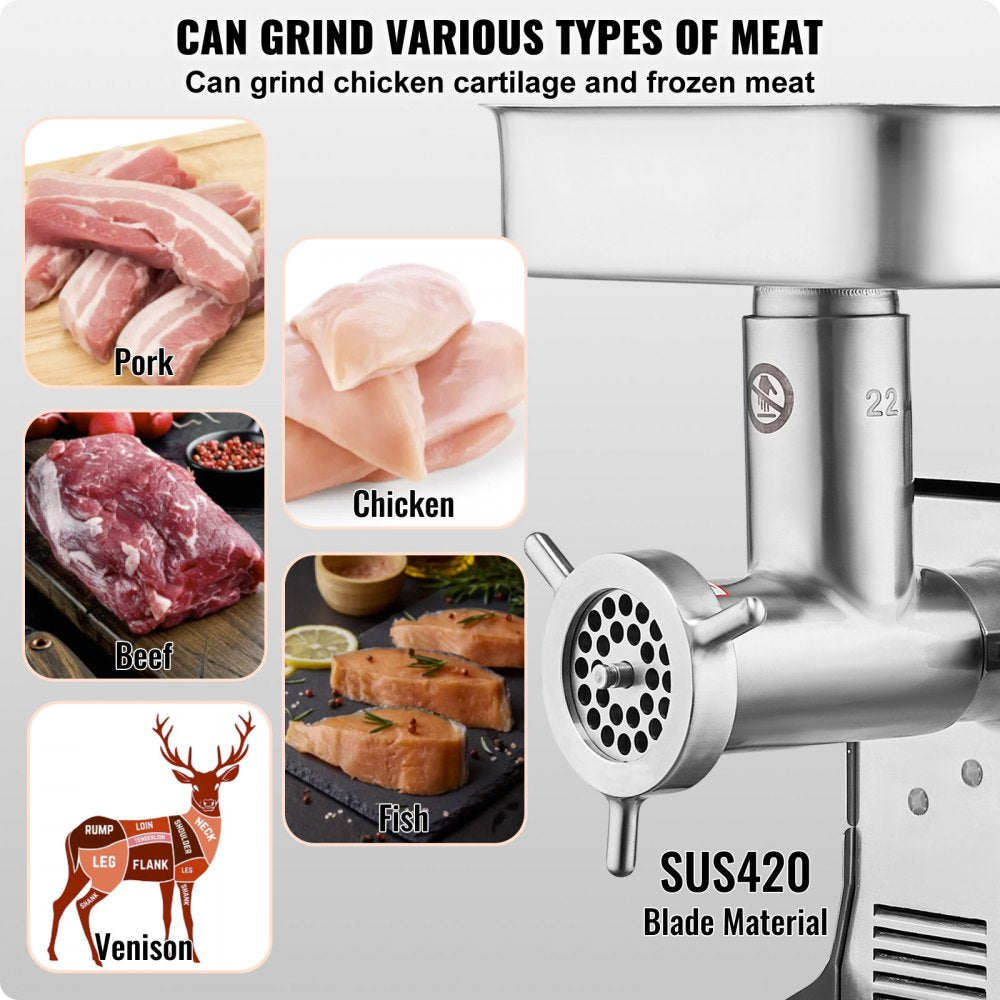 1A-EG122 - Stainless Steel 750W Meat Grinder, 13 lbs/min, Sausage Stuffer