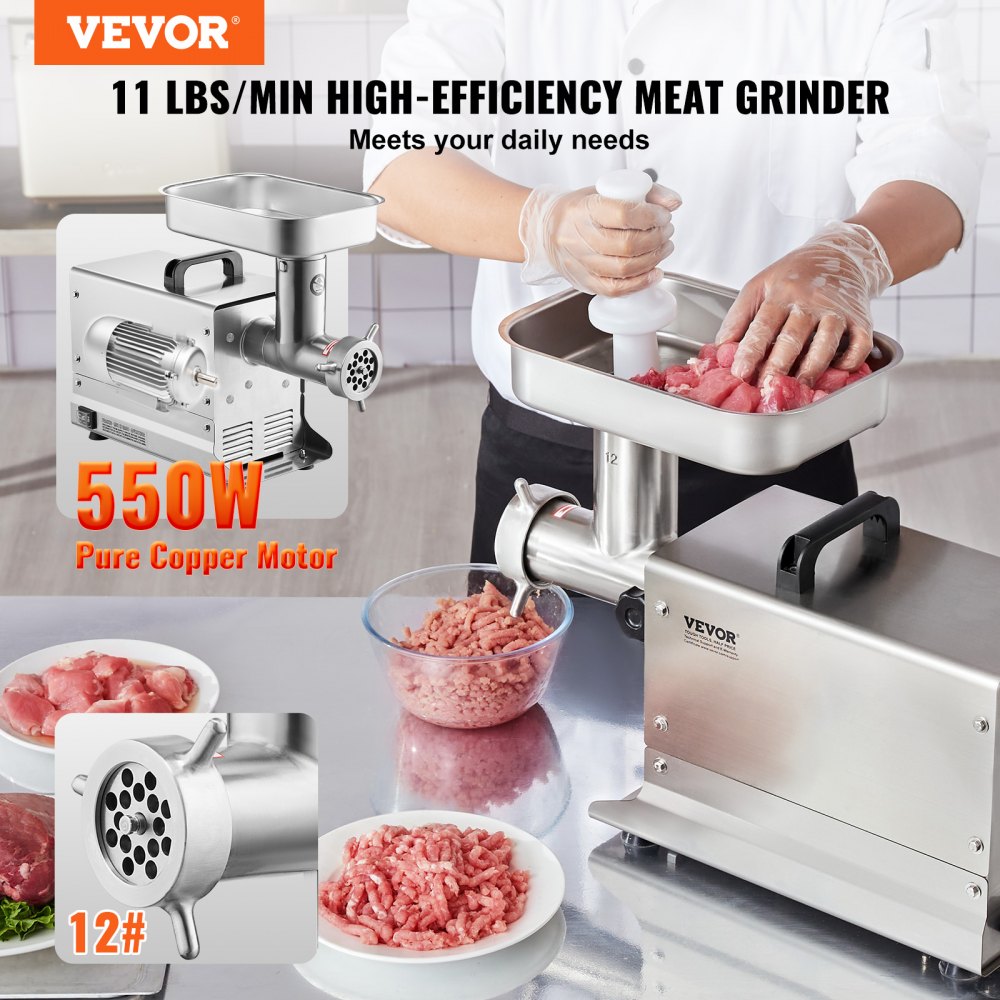 1A-EG112 - 550W Stainless Steel Meat Grinder - 11 lbs/min with Sausage Tubes