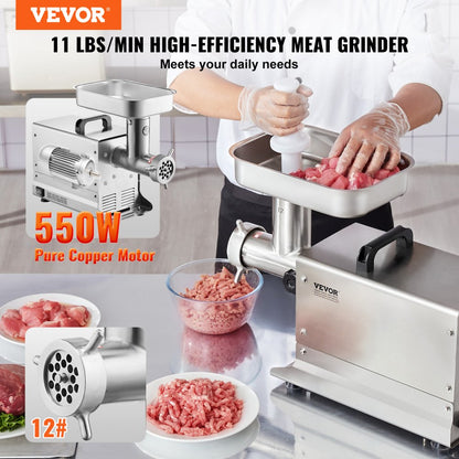 1A-EG112 - 550W Stainless Steel Meat Grinder - 11 lbs/min with Sausage Tubes