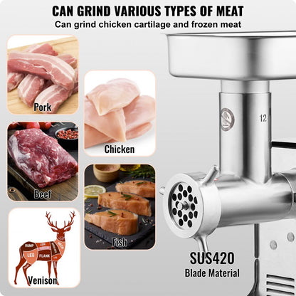 1A-EG112 - 550W Stainless Steel Meat Grinder - 11 lbs/min with Sausage Tubes