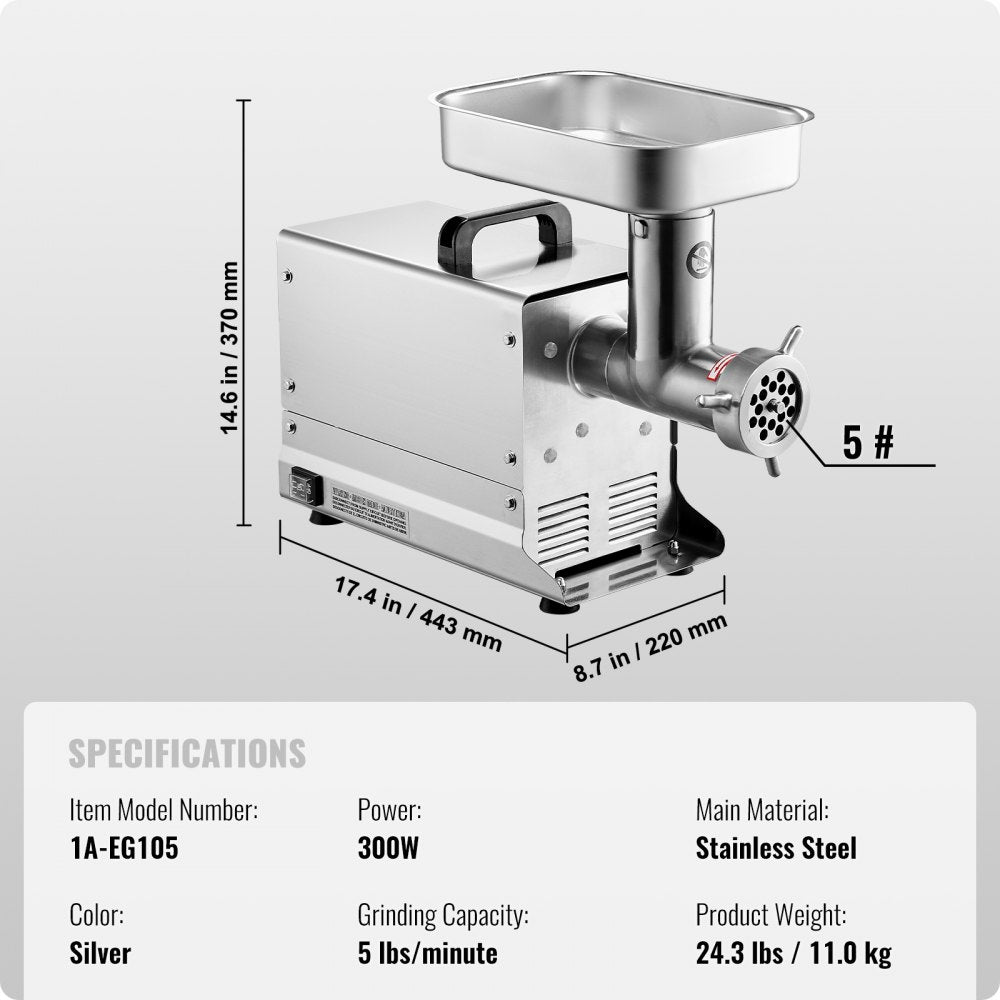 1A-EG105 - Stainless Steel Electric Meat Grinder, 5 lbs/min, 300W Motor