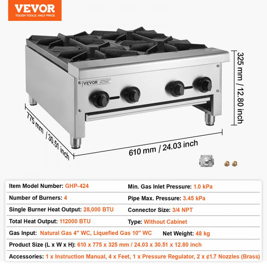 GHP-424 - 4-Burner Stainless Steel Gas Stove for Quick Meal Prep