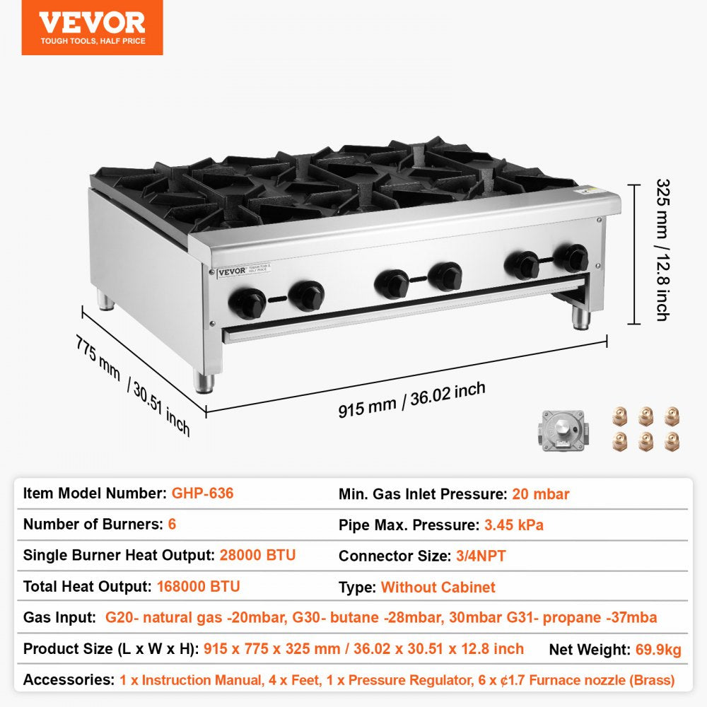 GHP-636 - 6-Burner Stainless Steel Gas Stove for Quick Cooking