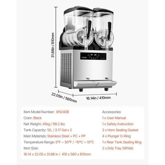XN240B - 2 Tank Commercial Slushy Machine with 12L Capacity Each