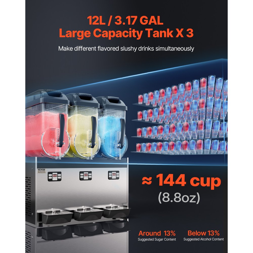 XRJ12LX3 - 3-Tank 12L Slushy Maker, Stainless Steel, Adjustable Temp 5~59°F