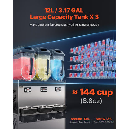 XRJ12LX3 - 3-Tank 12L Slushy Maker, Stainless Steel, Adjustable Temp 5~59°F