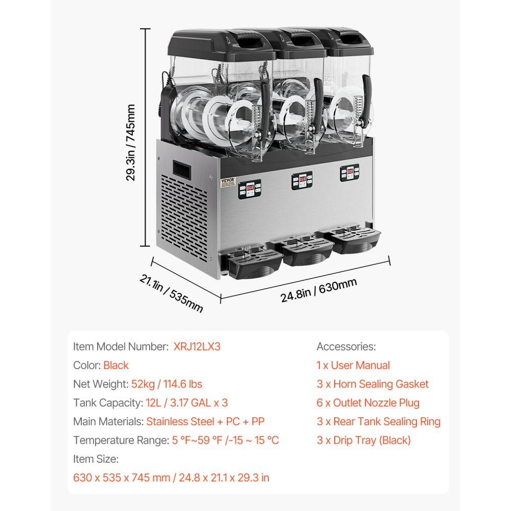 XRJ12LX3 - 3-Tank 12L Slushy Maker, Stainless Steel, Adjustable Temp 5~59°F