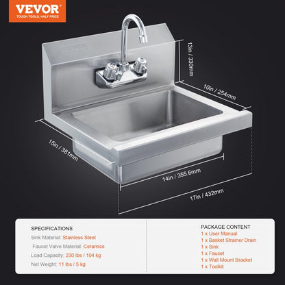 HS-17-SP - Compact Stainless Steel Wall-Mount Hand Sink with Faucet