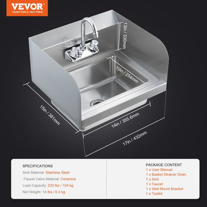 HS-17 - Compact 17"x12.8" Stainless Steel Hand Sink with Faucet