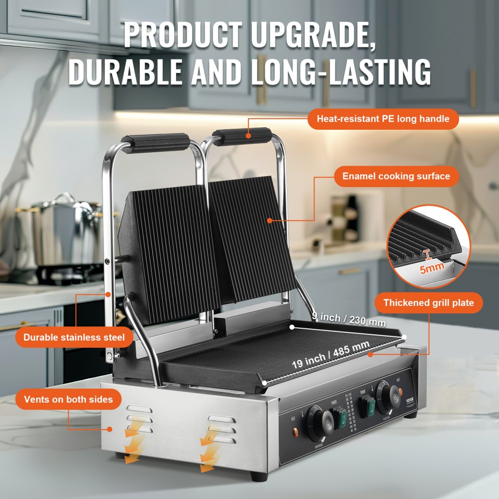 HT-813 - 19x9-Inch Stainless Steel Panini Press with Temperature Control