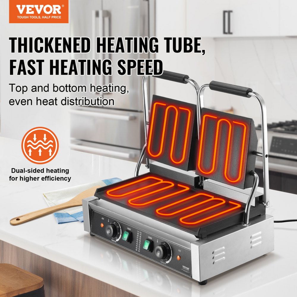 HT-813E - Stainless Steel Panini Press Grill with 19"x9" Plates