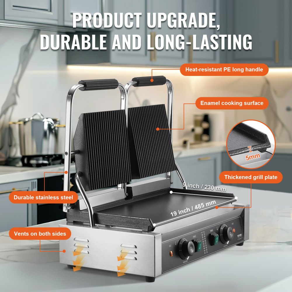 HT-813A - 19"x9" Stainless Steel Panini Press with Adjustable Temperatures