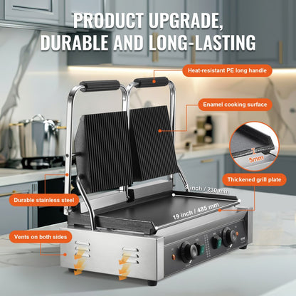 HT-813A - 19"x9" Stainless Steel Panini Press with Adjustable Temperatures