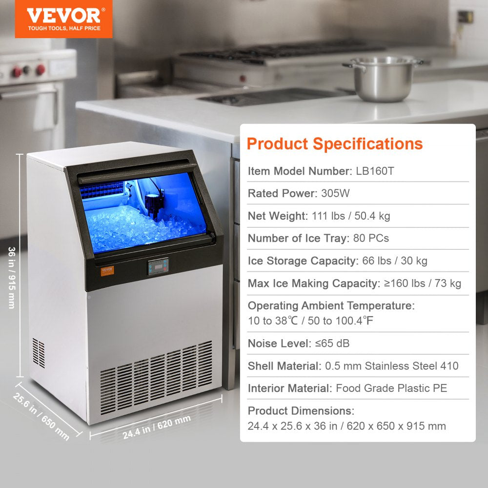 LB160T - Efficient 160lbs/Day VEVOR Ice Maker with 66lbs Storage