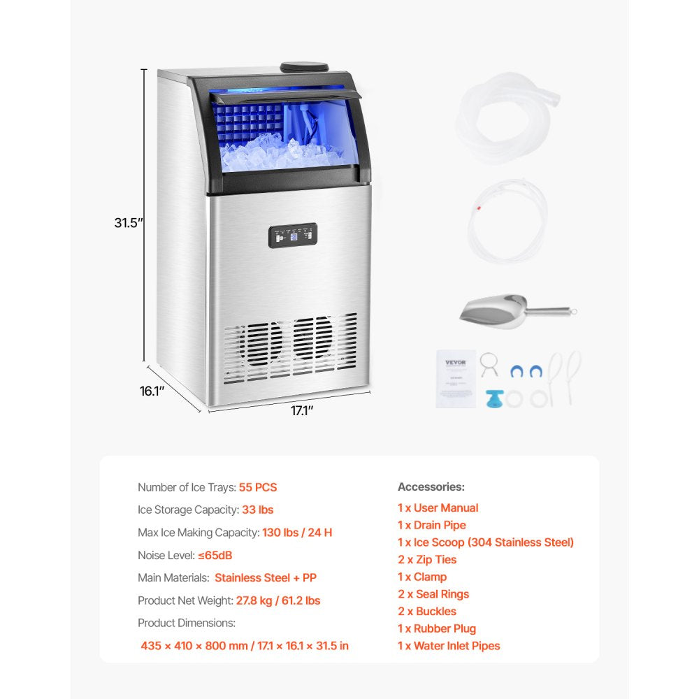 SKF-C130FT - Compact 130 lbs Commercial Ice Maker with 33 lbs Storage