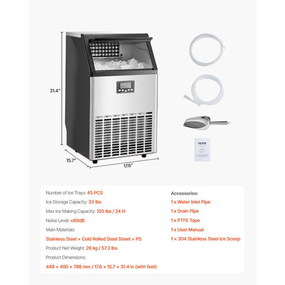HZB-45 - 120 lbs Ice Maker with 33 lbs Storage & Self-Cleaning Function