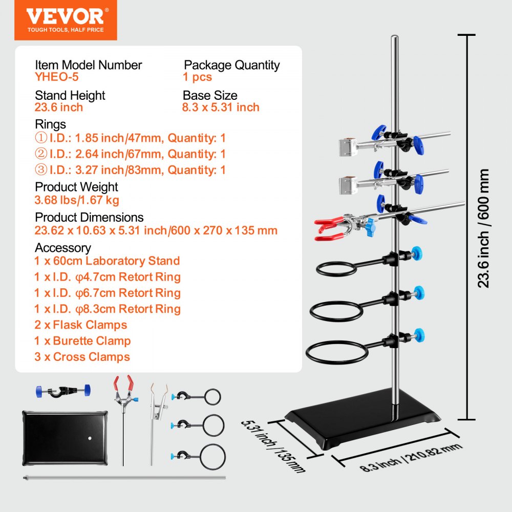 YHEO-5 - Adjustable Stainless Steel Lab Stand with 8.3"x5.3" Cast Iron Base