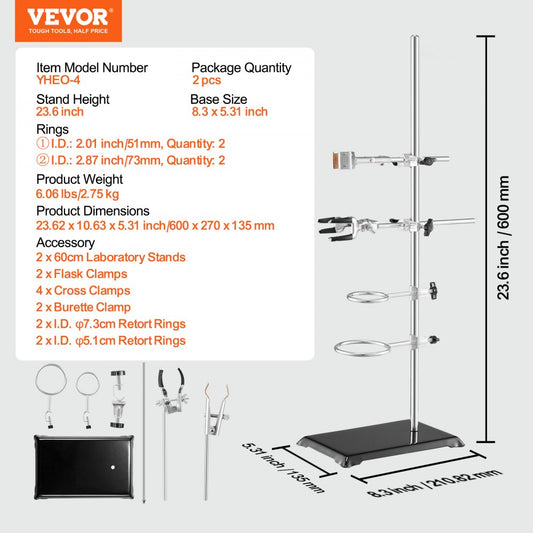 YHEO-4 - Durable Stainless Steel Lab Stand Support, 23.6" with Adjustable Clamps