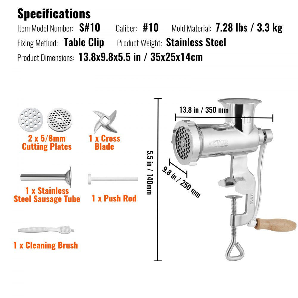 010503373782 - Premium Stainless Steel Manual Meat Grinder with Sausage Stuffing Tube