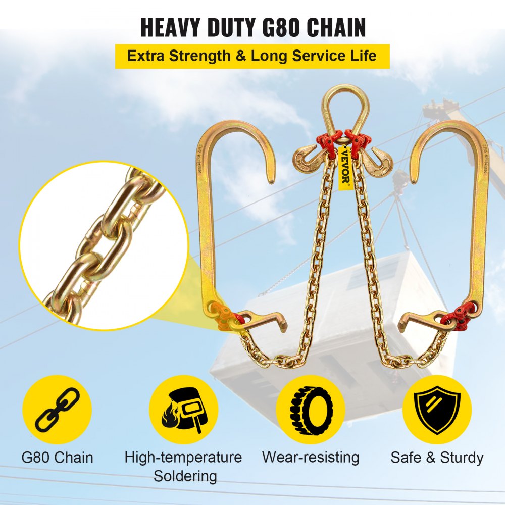 4 ft V Bridle Chain - G80 Steel Tow Chain with Multiple Hooks