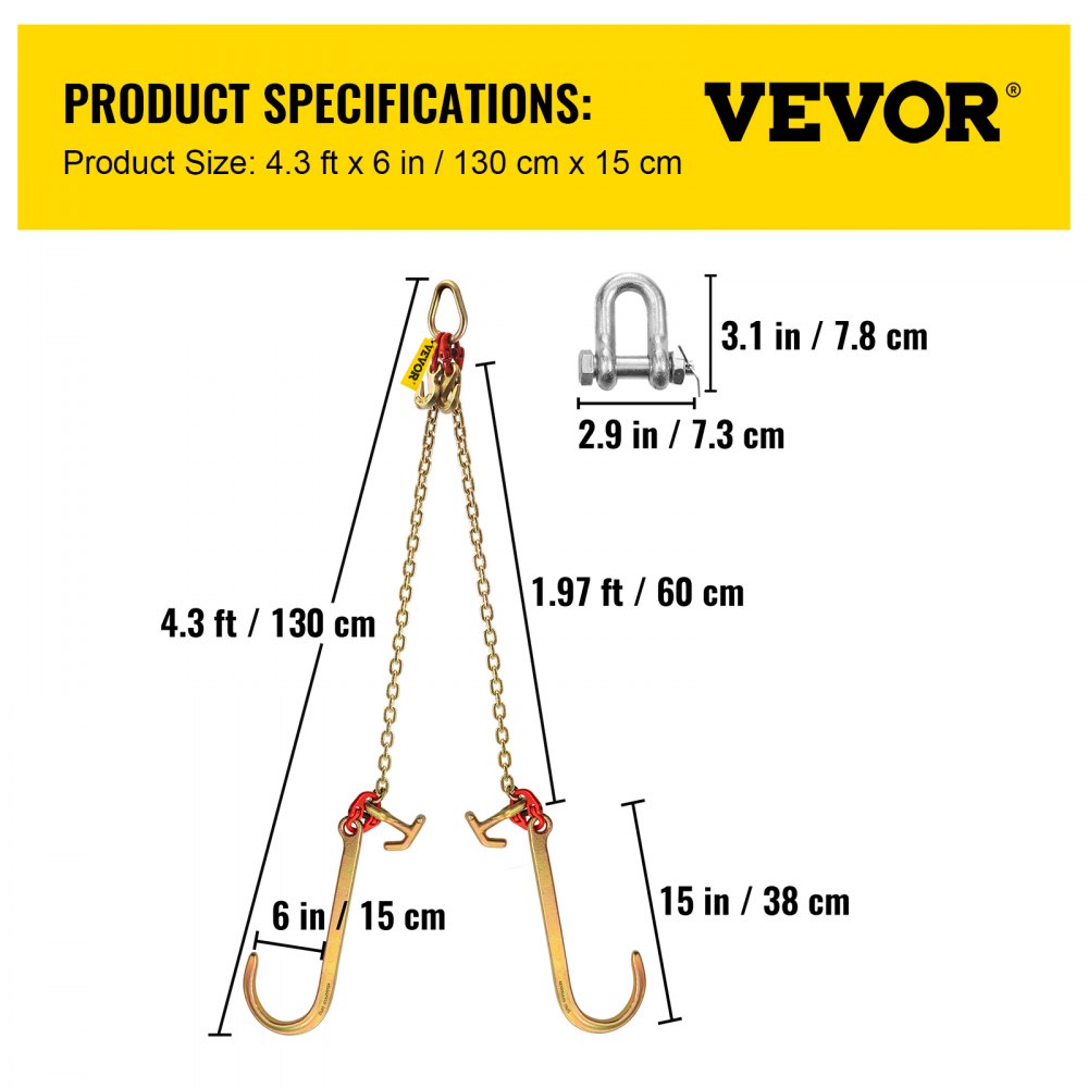 4.3 ft V Bridle Chain - G80 Steel Tow Chain with Hooks