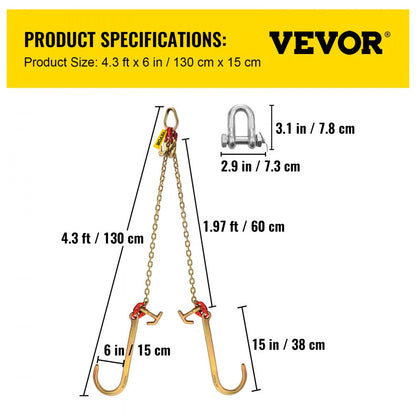 4.3 ft V Bridle Chain - G80 Steel Tow Chain with Hooks