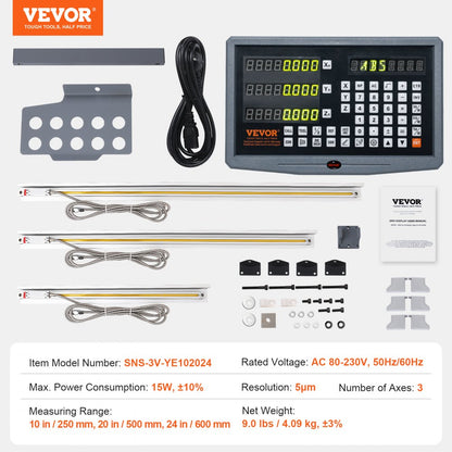 SNS-3V-YE102024 - 3 Axis DRO Display Kit with 5 Micron Precision Scales