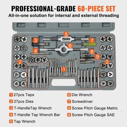 60PC - Metric & SAE Tap and Die Set for Home & Automotive Tasks