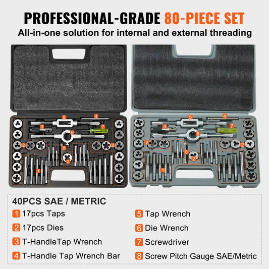 80PC - Versatile Tap and Die Set for Metric and SAE Threading