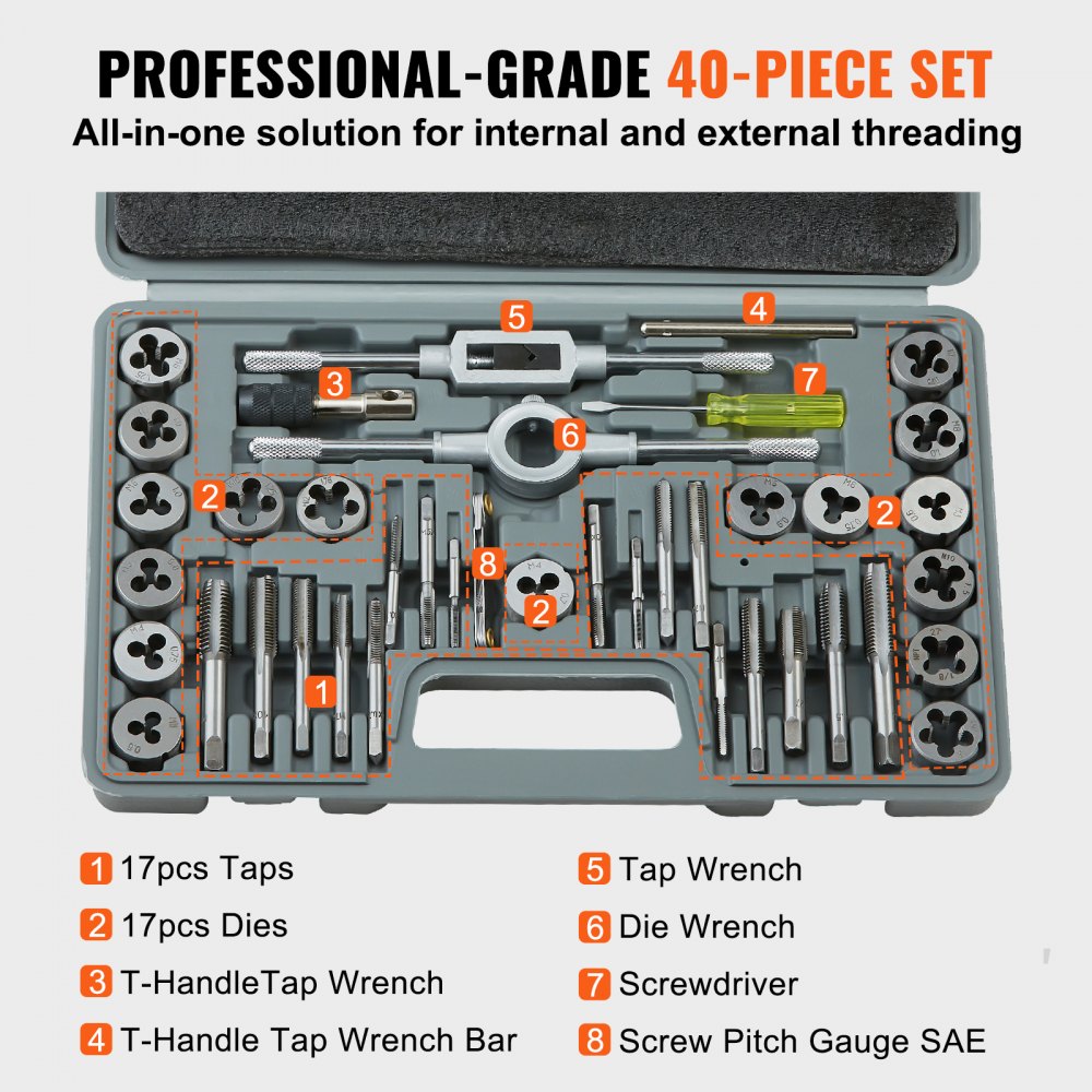 40PC - 40-Piece Durable Tap and Die Set for Precision Threading