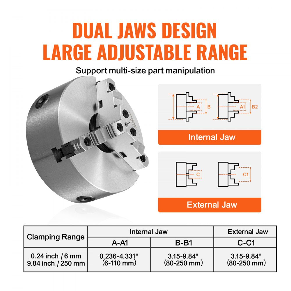 K11-250 - 10" VEVOR 3-Jaw Lathe Chuck, 0.24-9.84" Clamping Range
