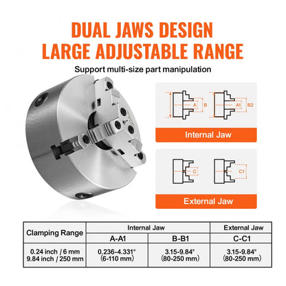 K11-250 - 10" VEVOR 3-Jaw Lathe Chuck, 0.24-9.84" Clamping Range