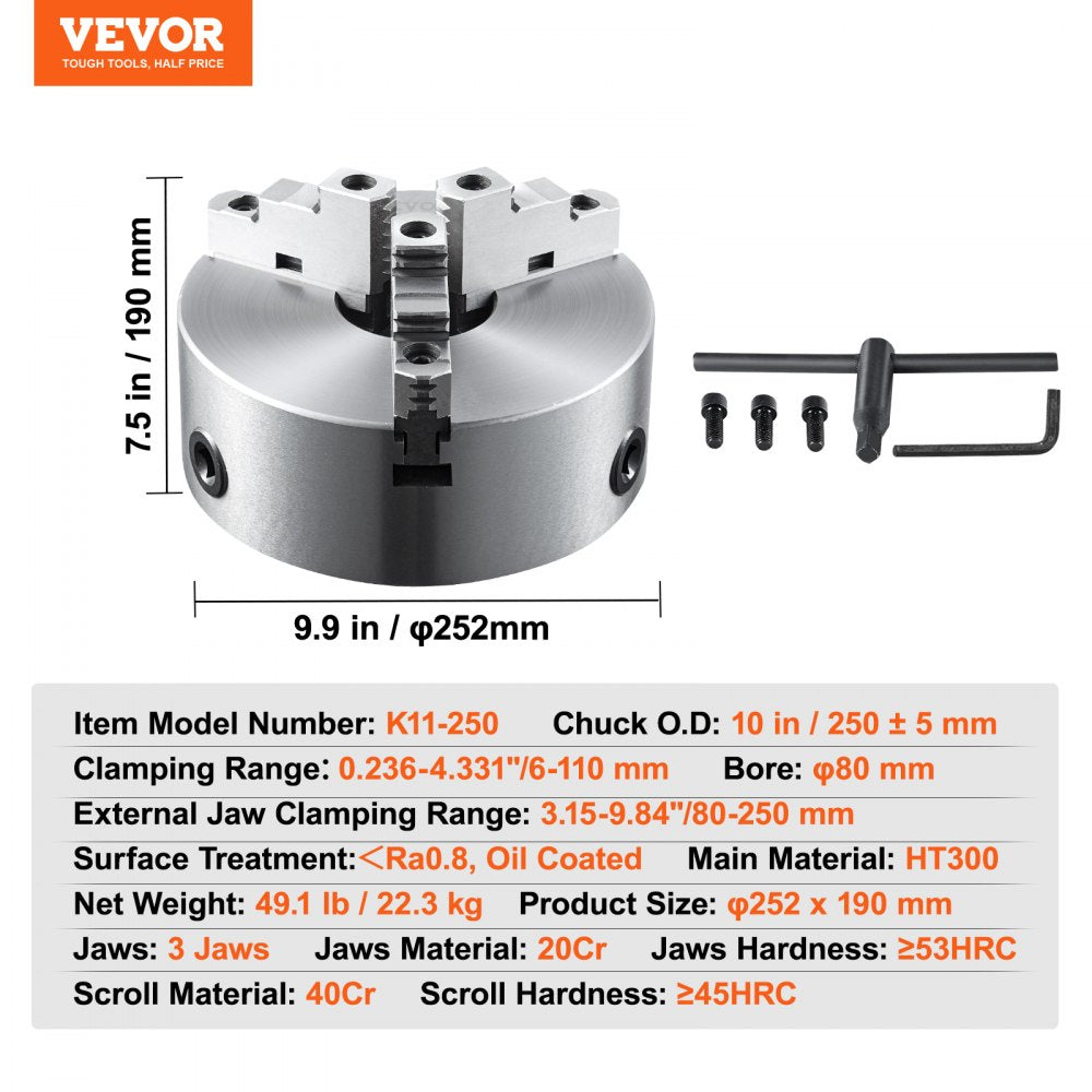 K11-250 - 10" VEVOR 3-Jaw Lathe Chuck, 0.24-9.84" Clamping Range