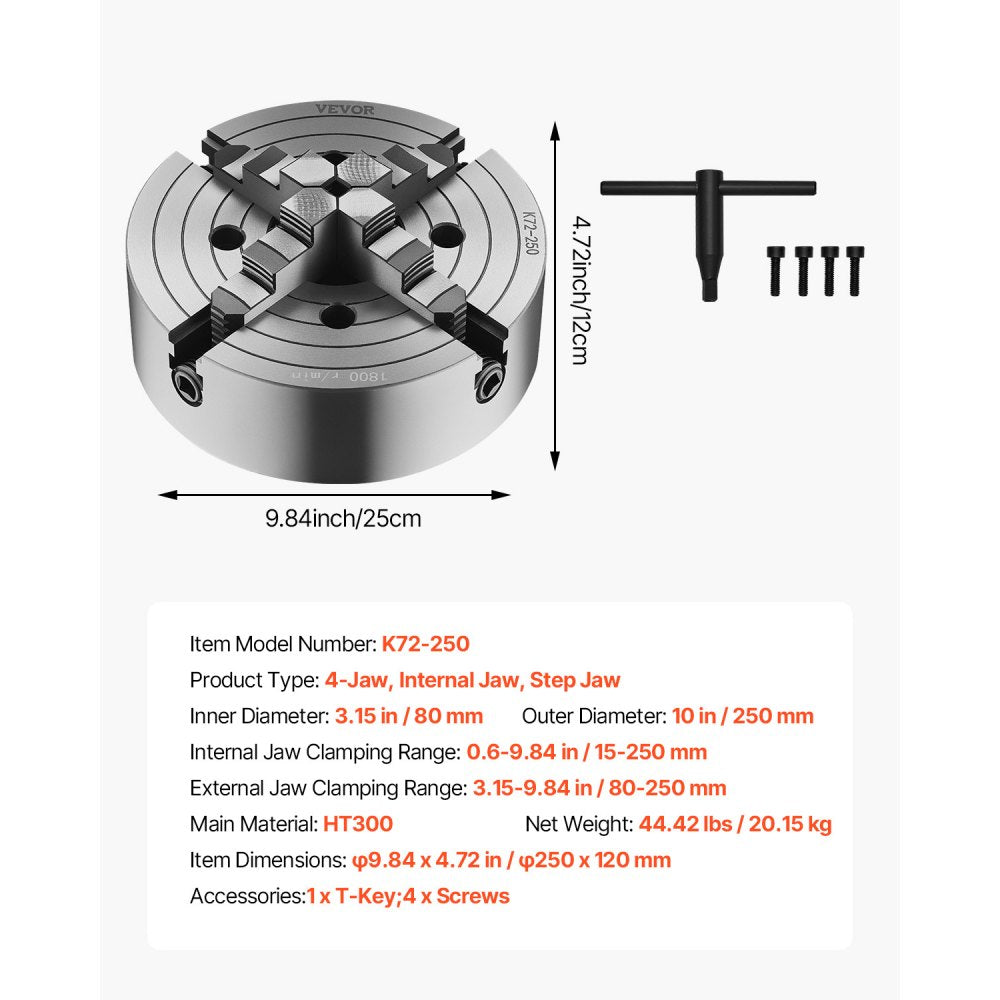K72 250 - Durable 10-Inch HT300 Lathe Chuck for Precision Machining