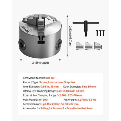 K11 80 - 3-Inch Durable Self-Centering Lathe Chuck for Precision Work