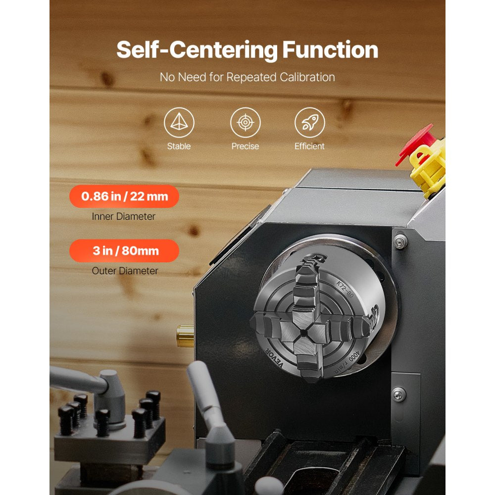 K72 80 - 3-Inch Self-Centering Lathe Chuck, Durable HT300 Cast Iron