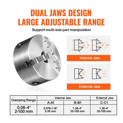 K11-100 - 3-Jaw 4" Self-Centering Lathe Chuck for Precision Machining