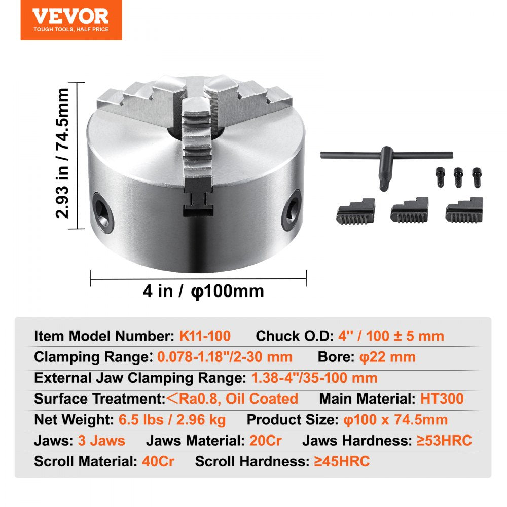 K11-100 - 3-Jaw 4" Self-Centering Lathe Chuck for Precision Machining