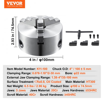 K11-100 - 3-Jaw 4" Self-Centering Lathe Chuck for Precision Machining